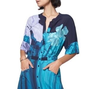 Floral Button-Up Dress in Blue and Purple with pockets